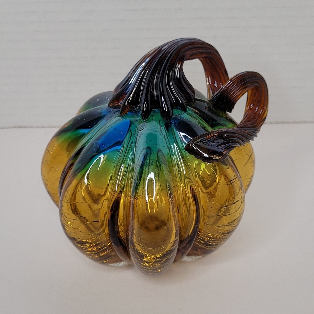 Gorgeous Art Glass Pumpkin Fall Decor Blue and Gold Crackle Glass NWOT